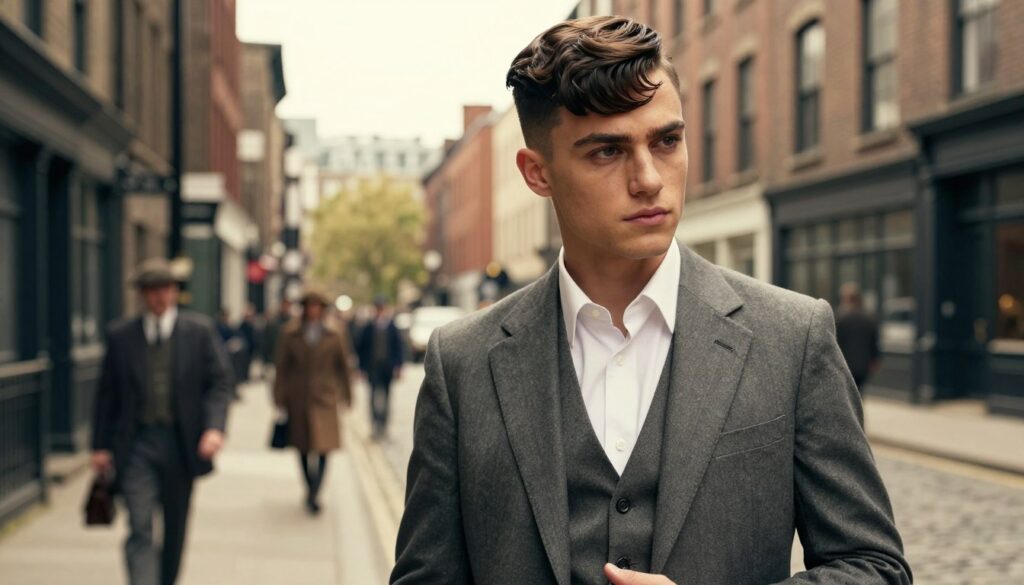 A stylish young man stands confidently in a bustling urban setting, showcasing the iconic "Peaky Blinders" hairstyle. He has short, neatly trimmed sides and a longer, textured top, dressed in a fitted gray suit jacket and a crisp white shirt, embodying the classic 1920s fashion. The foreground focuses on his well-groomed features and confident posture. In the middle ground, a vintage cityscape with brick buildings and cobblestone streets adds historical context, bathed in soft, natural light to enhance the warm atmosphere. The scene has a slightly moody, sophisticated vibe, reminiscent of a bygone era. The angle is slightly low, creating a dynamic perspective that emphasizes the hairstyle while ensuring the atmosphere is professional and elegant.