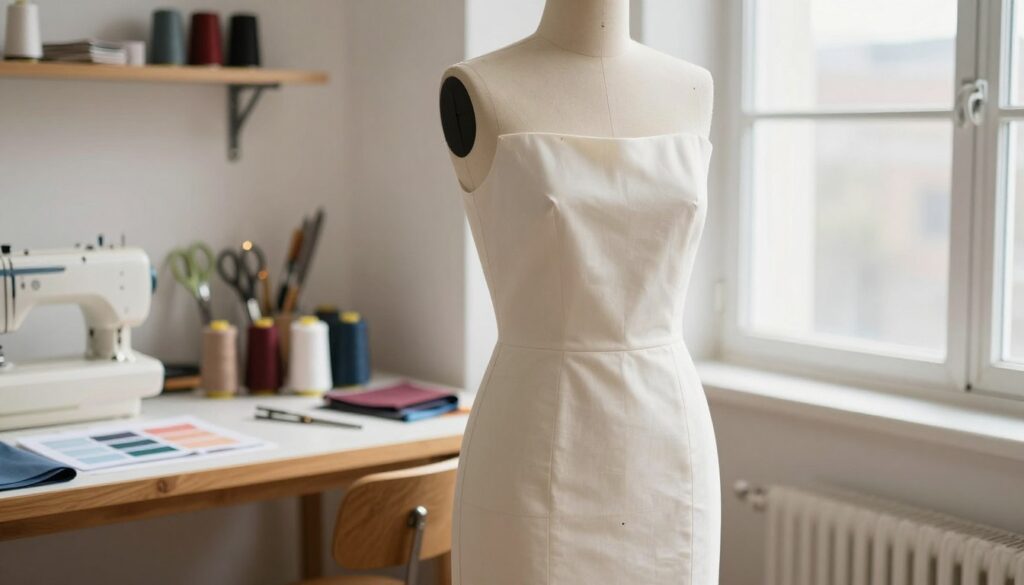 A tailored dress displayed elegantly on a dress form in a well-lit sewing studio. The dress features a modest neckline alteration, reflecting expert craftsmanship in garment modification while maintaining its stylish silhouette. Soft, diffused natural light streams in through a nearby window, highlighting the fine details of the fabric. In the background, sewing tools like scissors, thread spools, and fabric swatches are neatly arranged on a wooden workspace, showcasing a professional atmosphere. The overall mood is one of sophistication and creativity, perfect for a setting that emphasizes custom tailoring for discerning fashion needs. The focus should be on the dress and the surrounding design space, free of any text or branding. A tailored dress displayed elegantly on a dress form in a well-lit sewing studio. The dress features a modest neckline alteration, reflecting expert craftsmanship in garment modification while maintaining its stylish silhouette. Soft, diffused natural light streams in through a nearby window, highlighting the fine details of the fabric. In the background, sewing tools like scissors, thread spools, and fabric swatches are neatly arranged on a wooden workspace, showcasing a professional atmosphere. The overall mood is one of sophistication and creativity, perfect for a setting that emphasizes custom tailoring for discerning fashion needs. The focus should be on the dress and the surrounding design space, free of any text or branding.