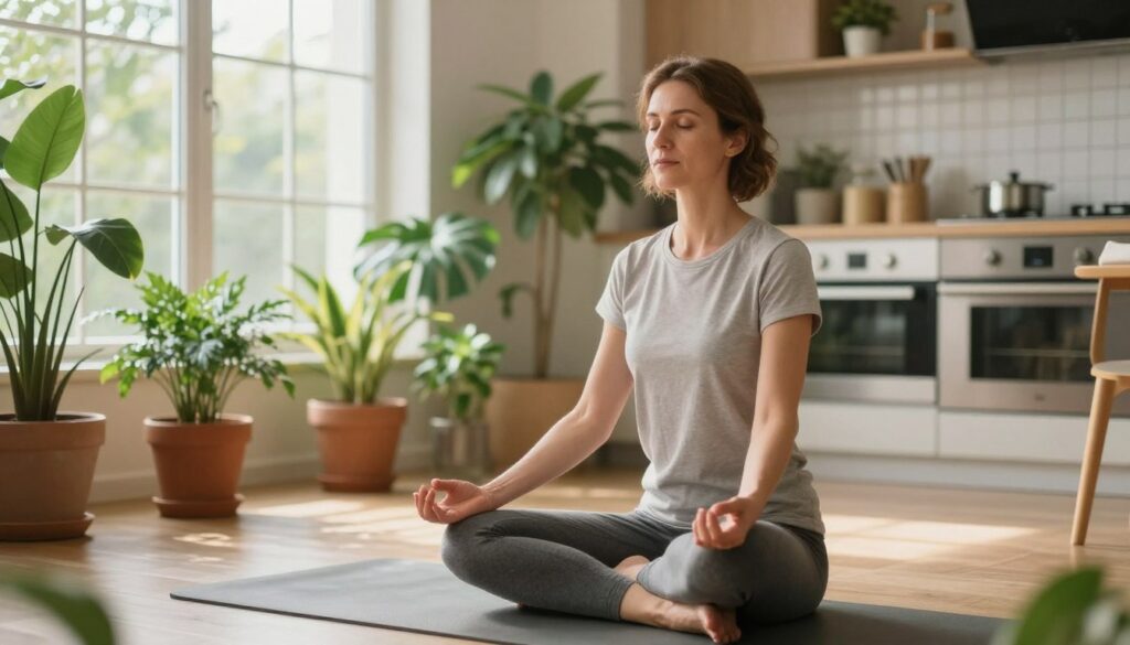 A thoughtful scene illustrating health challenges and lifestyle changes. In the foreground, a woman resembling Tatiana Okupnik, dressed in a casual yet professional outfit, is engaging in a mindful yoga pose on a mat, embodying tranquility and focus. In the middle, a vibrant indoor setting filled with greenery, such as potted plants and soft natural light filtering through large windows, enhances the atmosphere of wellness. In the background, a well-organized kitchen can be glimpsed, symbolizing healthy eating and lifestyle choices. The composition should be softly lit with warm tones, suggesting a serene, positive mood and highlighting the theme of health transformation. The angle is slightly elevated, capturing both the subject’s expression and the inviting environment behind her. A thoughtful scene illustrating health challenges and lifestyle changes. In the foreground, a woman resembling Tatiana Okupnik, dressed in a casual yet professional outfit, is engaging in a mindful yoga pose on a mat, embodying tranquility and focus. In the middle, a vibrant indoor setting filled with greenery, such as potted plants and soft natural light filtering through large windows, enhances the atmosphere of wellness. In the background, a well-organized kitchen can be glimpsed, symbolizing healthy eating and lifestyle choices. The composition should be softly lit with warm tones, suggesting a serene, positive mood and highlighting the theme of health transformation. The angle is slightly elevated, capturing both the subject’s expression and the inviting environment behind her.
