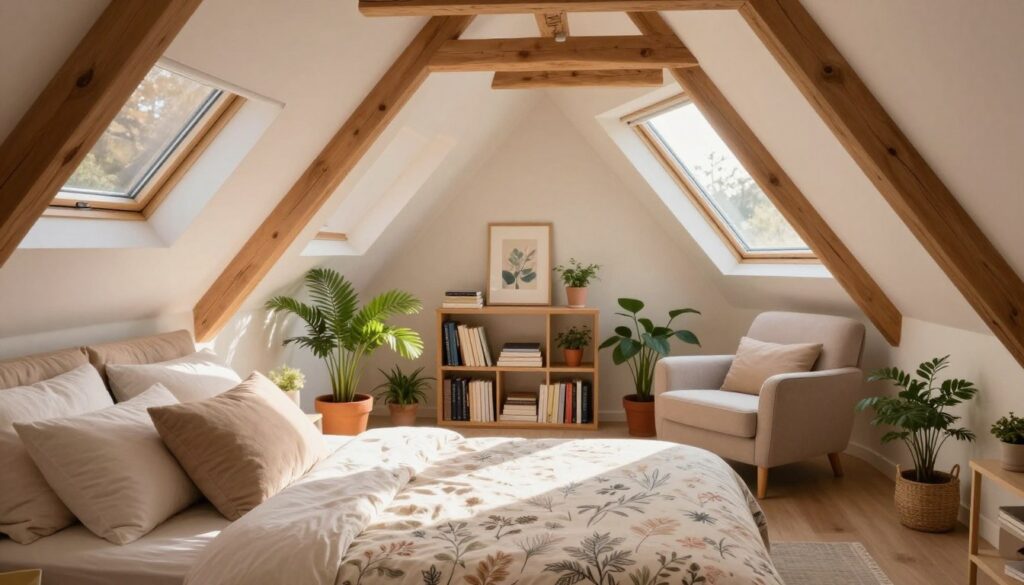 A tranquil attic bedroom, featuring natural wood beams and large skylights letting in soft, diffused sunlight. The foreground has a comfortable, inviting bed with plush pillows and a neutral-toned bedspread, adorned with delicate botanical patterns. A cozy reading nook with a soft armchair and a small bookshelf filled with art books sits in the middle, surrounded by potted plants that add a lively touch of greenery. In the background, gentle pastel colors and a minimalist decor create a serene atmosphere. The lighting is warm and soft, enhancing the sense of calm and relaxation. The overall mood is peaceful and inviting, perfect for a creative retreat. The angle of the shot is slightly elevated to capture the room's spaciousness and cozy charm. A tranquil attic bedroom, featuring natural wood beams and large skylights letting in soft, diffused sunlight. The foreground has a comfortable, inviting bed with plush pillows and a neutral-toned bedspread, adorned with delicate botanical patterns. A cozy reading nook with a soft armchair and a small bookshelf filled with art books sits in the middle, surrounded by potted plants that add a lively touch of greenery. In the background, gentle pastel colors and a minimalist decor create a serene atmosphere. The lighting is warm and soft, enhancing the sense of calm and relaxation. The overall mood is peaceful and inviting, perfect for a creative retreat. The angle of the shot is slightly elevated to capture the room's spaciousness and cozy charm.