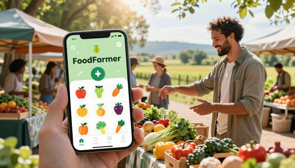 A vibrant and engaging scene illustrating the "FoodFarmer" app concept. In the foreground, display a smartphone with the app interface featuring colorful icons of fruits and vegetables, alongside a local farmer in modest casual clothing, smiling and interacting with consumers at a bustling farmer's market. The middle ground includes quaint market stalls with fresh produce under colorful awnings, sunlight streaming through trees, creating a warm and inviting atmosphere. In the background, a picturesque rural landscape with green fields and distant hills, representing the connection between the app and local farming. The image should have bright, natural lighting, enhancing the cheerful mood while capturing the essence of community and local consumption. A vibrant and engaging scene illustrating the "FoodFarmer" app concept. In the foreground, display a smartphone with the app interface featuring colorful icons of fruits and vegetables, alongside a local farmer in modest casual clothing, smiling and interacting with consumers at a bustling farmer's market. The middle ground includes quaint market stalls with fresh produce under colorful awnings, sunlight streaming through trees, creating a warm and inviting atmosphere. In the background, a picturesque rural landscape with green fields and distant hills, representing the connection between the app and local farming. The image should have bright, natural lighting, enhancing the cheerful mood while capturing the essence of community and local consumption.