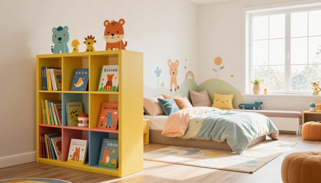 A vibrant children's room featuring a stylish bookshelf as a partition between a sleeping area and a play area. In the foreground, a colorful bookshelf filled with children's books, toys, and decorative items, showcasing friendly animal illustrations. The middle ground showcases a comfortable bed with soft bedding in pastel colors and a cozy reading nook with plush cushions. In the background, playful wall decals and a bright window allowing soft natural light to illuminate the space, creating a warm and inviting atmosphere. The angle is a wide shot that captures the harmony and imaginative design, evoking a sense of creativity and comfort for a child’s room, with a joyful and playful mood. A vibrant children's room featuring a stylish bookshelf as a partition between a sleeping area and a play area. In the foreground, a colorful bookshelf filled with children's books, toys, and decorative items, showcasing friendly animal illustrations. The middle ground showcases a comfortable bed with soft bedding in pastel colors and a cozy reading nook with plush cushions. In the background, playful wall decals and a bright window allowing soft natural light to illuminate the space, creating a warm and inviting atmosphere. The angle is a wide shot that captures the harmony and imaginative design, evoking a sense of creativity and comfort for a child’s room, with a joyful and playful mood.