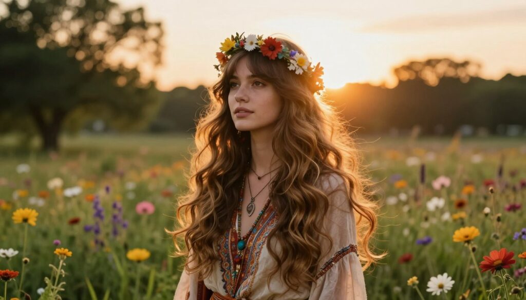 A vibrant hippie-style hairstyle with natural waves, embodying the essence of the 1970s retro aesthetic. The foreground features a young woman with long, flowing hair adorned with delicate flower crowns and earthy-toned clothing. Her hair is highlighted with sun-kissed highlights, cascading in soft, beautiful waves. In the middle ground, a peaceful outdoor setting with lush greenery and colorful wildflowers enhances the bohemian vibe. The background shows a warm golden sunset filtering through the trees, creating a soft, dreamy glow. The scene is captured in a wide-angle view, emphasizing the subject against the tranquil nature, evoking feelings of freedom and nostalgia, reminiscent of a carefree summer in the 70s. A vibrant hippie-style hairstyle with natural waves, embodying the essence of the 1970s retro aesthetic. The foreground features a young woman with long, flowing hair adorned with delicate flower crowns and earthy-toned clothing. Her hair is highlighted with sun-kissed highlights, cascading in soft, beautiful waves. In the middle ground, a peaceful outdoor setting with lush greenery and colorful wildflowers enhances the bohemian vibe. The background shows a warm golden sunset filtering through the trees, creating a soft, dreamy glow. The scene is captured in a wide-angle view, emphasizing the subject against the tranquil nature, evoking feelings of freedom and nostalgia, reminiscent of a carefree summer in the 70s.
