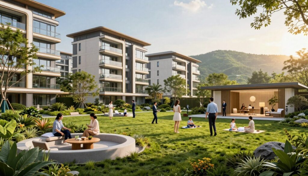 A vibrant modern residential complex set in a picturesque landscape, showcasing innovative architectural designs. In the foreground, lush green gardens with a tranquil seating area invite relaxation, while contemporary buildings rise majestically, featuring floor-to-ceiling windows and sustainable materials. In the middle ground, families dressed in professional business attire enjoy outdoor leisure activities, conveying a sense of community and wellness. The background highlights rolling hills and a serene wellness spa, seamlessly blending nature and modern living. Soft, golden sunlight bathes the scene, creating a warm, inviting atmosphere. A wide-angle view captures the expansive layout, emphasizing the harmony between natural surroundings and modern living spaces. The overall mood is optimistic and serene, embodying the essence of contemporary investment in residential and wellness spaces.