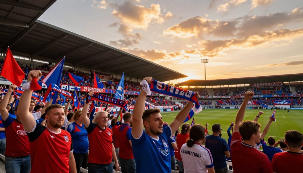 A vibrant scene capturing the spirit of support for Raków Częstochowa football club. In the foreground, a diverse group of passionate fans, wearing club jerseys and scarves, cheer enthusiastically, embodying unity and dedication. The middle ground features a lively stadium filled with colorful flags and banners, showcasing the club's colors, red and blue, creating an atmosphere of excitement. In the background, a sunset sky bathes the stadium in warm golden light, symbolizing hope and resilience. The image should evoke a sense of community and pride, with a cinematic angle emphasizing the energy of the supporters. The overall mood reflects commitment and enthusiasm for the club's success, suitable for a sports-themed article.