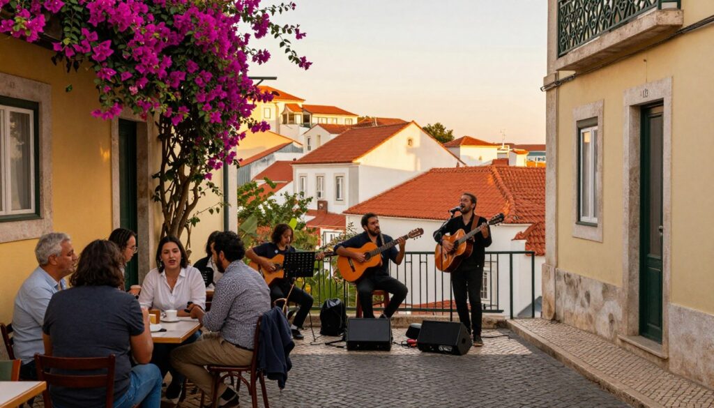 A vibrant scene in Alfama, the heart of Lisbon, capturing the essence of "muzyka moich ulic." In the foreground, a narrow cobblestone street lined with colorful, traditional buildings draped in bougainvillea. A modest outdoor café with people enjoying coffee, dressed in casual, modest clothing, engaging in lively conversations. In the middle ground, musicians perform traditional fado music, with a guitarist and a singer passionately immersed in their art, their expressions vibrant and soulful. The background showcases the stunning terracotta rooftops of Alfama, under a warm golden light of late afternoon, casting gentle shadows. The atmosphere is rich with emotion and cultural depth, embodying the spirit of Lisbon’s musical heritage, evoking a sense of nostalgia and connection. A vibrant scene in Alfama, the heart of Lisbon, capturing the essence of "muzyka moich ulic." In the foreground, a narrow cobblestone street lined with colorful, traditional buildings draped in bougainvillea. A modest outdoor café with people enjoying coffee, dressed in casual, modest clothing, engaging in lively conversations. In the middle ground, musicians perform traditional fado music, with a guitarist and a singer passionately immersed in their art, their expressions vibrant and soulful. The background showcases the stunning terracotta rooftops of Alfama, under a warm golden light of late afternoon, casting gentle shadows. The atmosphere is rich with emotion and cultural depth, embodying the spirit of Lisbon’s musical heritage, evoking a sense of nostalgia and connection.