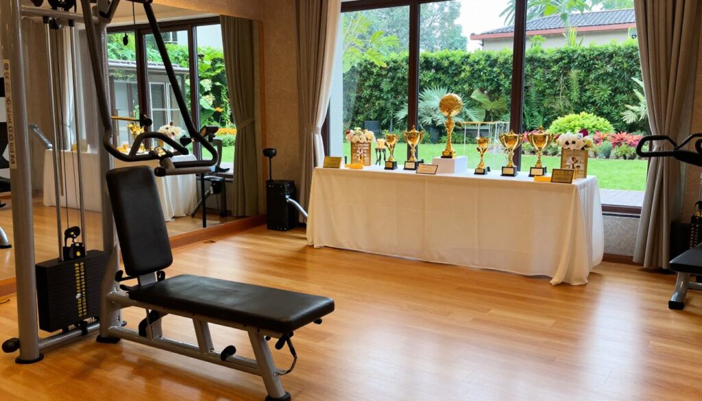 A visually engaging scene depicting preparations before a gala event in an elegant training space. In the foreground, a fitness area showcases state-of-the-art exercise equipment, with a polished wooden floor reflecting soft, warm lighting. In the middle ground, a neatly arranged table is set with luxurious decorations and trophies, symbolizing achievements in sports. In the background, large windows let in natural light, revealing a well-maintained garden outside, adding a vibrant touch to the atmosphere. The mood is one of excitement and anticipation, capturing the essence of a professional athlete’s environment. The setting is devoid of human figures, ensuring focus on the elegant decor and training equipment, without any captions or text. A visually engaging scene depicting preparations before a gala event in an elegant training space. In the foreground, a fitness area showcases state-of-the-art exercise equipment, with a polished wooden floor reflecting soft, warm lighting. In the middle ground, a neatly arranged table is set with luxurious decorations and trophies, symbolizing achievements in sports. In the background, large windows let in natural light, revealing a well-maintained garden outside, adding a vibrant touch to the atmosphere. The mood is one of excitement and anticipation, capturing the essence of a professional athlete’s environment. The setting is devoid of human figures, ensuring focus on the elegant decor and training equipment, without any captions or text.