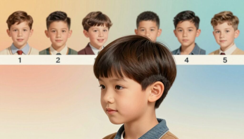 A visually rich illustration showcasing the evolution of the bowl haircut over decades, focusing on a young boy with a stylish bowl cut in both classic and modern interpretations. In the foreground, a close-up of the boy's hairstyle, featuring smooth, rounded layers that frame his face. In the middle ground, a timeline display with images of boys from different eras sporting variations of the bowl cut, showing both vintage and contemporary styles. The background highlights a subtle gradient that shifts from retro colors to modern hues, symbolizing the passage of time. Soft natural lighting enhances the textures of the hair and clothing, while the angle captures the hairstyle's distinctive shape and character, evoking a nostalgic yet trendy mood. A visually rich illustration showcasing the evolution of the bowl haircut over decades, focusing on a young boy with a stylish bowl cut in both classic and modern interpretations. In the foreground, a close-up of the boy's hairstyle, featuring smooth, rounded layers that frame his face. In the middle ground, a timeline display with images of boys from different eras sporting variations of the bowl cut, showing both vintage and contemporary styles. The background highlights a subtle gradient that shifts from retro colors to modern hues, symbolizing the passage of time. Soft natural lighting enhances the textures of the hair and clothing, while the angle captures the hairstyle's distinctive shape and character, evoking a nostalgic yet trendy mood.