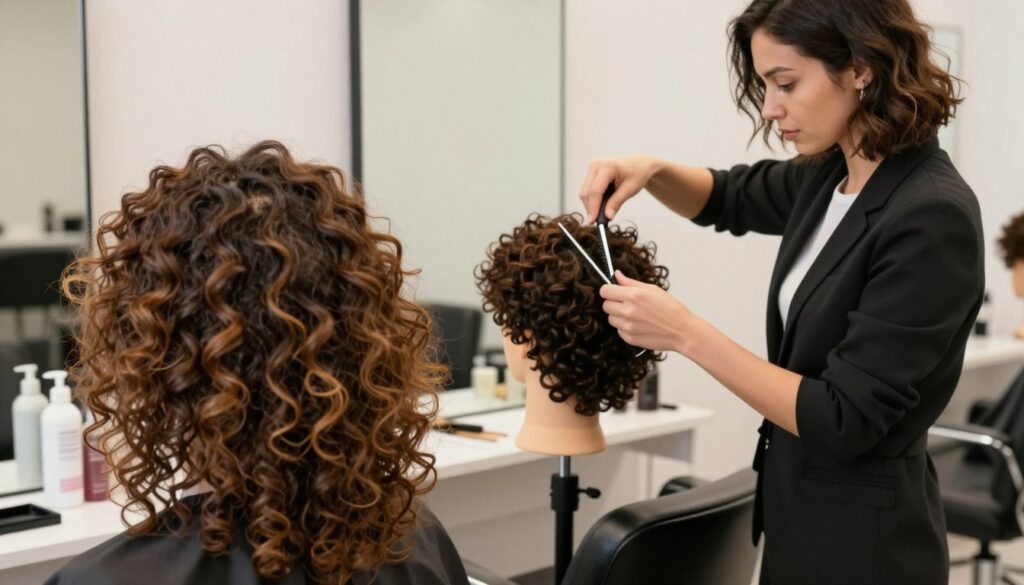 A visually striking and informative illustration depicting common mistakes in the care and cutting of curly hair. In the foreground, a close-up of a hairstyle showcasing damaged, frizzy curls due to improper product use and cutting techniques. In the middle ground, a professional hairstylist, dressed in smart casual attire, demonstrates incorrect trimming on a mannequin with a curly hair texture. The background features a well-organized salon with hair care products, tools, and a mirror reflecting the scene. Soft natural lighting enhances the rich textures of the curls, while a warm and educational atmosphere invites viewers to learn about proper curly hair care. Focus on clarity and detail to emphasize the contrast between healthy and unhealthy curls. A visually striking and informative illustration depicting common mistakes in the care and cutting of curly hair. In the foreground, a close-up of a hairstyle showcasing damaged, frizzy curls due to improper product use and cutting techniques. In the middle ground, a professional hairstylist, dressed in smart casual attire, demonstrates incorrect trimming on a mannequin with a curly hair texture. The background features a well-organized salon with hair care products, tools, and a mirror reflecting the scene. Soft natural lighting enhances the rich textures of the curls, while a warm and educational atmosphere invites viewers to learn about proper curly hair care. Focus on clarity and detail to emphasize the contrast between healthy and unhealthy curls.