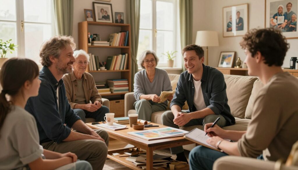 A warm and intimate scene depicting Andrzej Poniedzielski in a cozy living room, surrounded by family members engaged in artful conversation. In the foreground, Andrzej, dressed in smart casual attire, is laughing with a middle-aged couple, perhaps his parents, while a younger family member sketches on a notepad. In the middle, shelves filled with books and art supplies create a nurturing environment. In the background, large windows allow soft, golden light to flood the room, illuminating framed family photos and art pieces that reflect Andrzej’s artistic journey. The atmosphere is familial, nurturing, and creatively stimulating, evoking a sense of warmth and connection to both family and artistic life. A warm and intimate scene depicting Andrzej Poniedzielski in a cozy living room, surrounded by family members engaged in artful conversation. In the foreground, Andrzej, dressed in smart casual attire, is laughing with a middle-aged couple, perhaps his parents, while a younger family member sketches on a notepad. In the middle, shelves filled with books and art supplies create a nurturing environment. In the background, large windows allow soft, golden light to flood the room, illuminating framed family photos and art pieces that reflect Andrzej’s artistic journey. The atmosphere is familial, nurturing, and creatively stimulating, evoking a sense of warmth and connection to both family and artistic life.