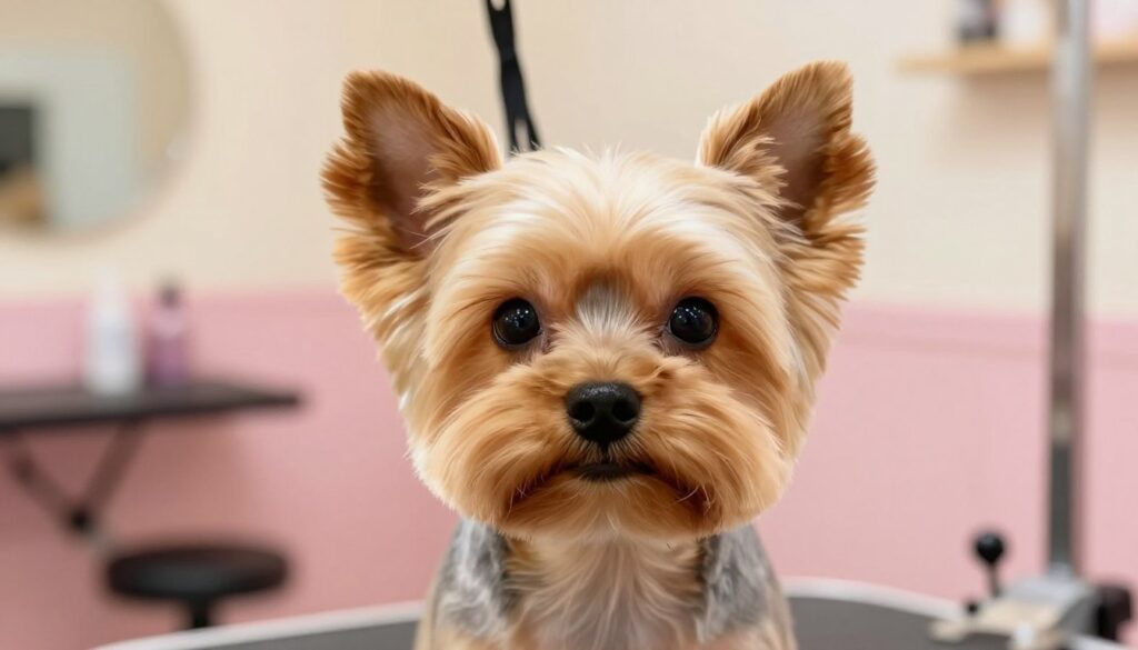 A well-groomed Yorkshire Terrier with a plush, teddy bear-like appearance, showcasing an adorable round face and fluffy fur. The dog is styled in a soft, voluminous haircut that enhances its features, with meticulously shaped ears and a glossy coat. In the foreground, the dog's expressive eyes shine brightly, capturing a playful yet gentle demeanor. The background features a cozy, well-lit grooming salon with soft pastel colors and warm lighting that creates a welcoming and cheerful atmosphere. The lens captures a medium close-up of the dog’s face, highlighting the intricate details of its fur and facial features. The overall mood is friendly and warm, perfect for illustrating the concept of a stylish and comfortable dog hairstyle. A well-groomed Yorkshire Terrier with a plush, teddy bear-like appearance, showcasing an adorable round face and fluffy fur. The dog is styled in a soft, voluminous haircut that enhances its features, with meticulously shaped ears and a glossy coat. In the foreground, the dog's expressive eyes shine brightly, capturing a playful yet gentle demeanor. The background features a cozy, well-lit grooming salon with soft pastel colors and warm lighting that creates a welcoming and cheerful atmosphere. The lens captures a medium close-up of the dog’s face, highlighting the intricate details of its fur and facial features. The overall mood is friendly and warm, perfect for illustrating the concept of a stylish and comfortable dog hairstyle.