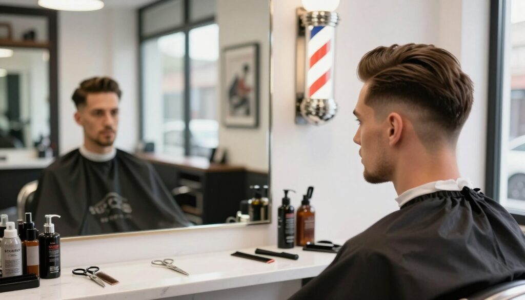 A well-groomed man with a stylish side part hairstyle stands in a bright, modern barbershop. The foreground features him observing his reflection in a large mirror, showcasing the clean lines and texture of his side-parted hair. In the middle ground, barbershop essentials like scissors, combs, and hair products are neatly arranged on a polished countertop. The background includes vintage barber poles and wall art that enhance the classic feel of the space. Soft, natural lighting pours in from large windows, creating a welcoming and professional atmosphere. The mood is focused and trendy, with the man's expression conveying confidence as he prepares his hair for styling. A well-groomed man with a stylish side part hairstyle stands in a bright, modern barbershop. The foreground features him observing his reflection in a large mirror, showcasing the clean lines and texture of his side-parted hair. In the middle ground, barbershop essentials like scissors, combs, and hair products are neatly arranged on a polished countertop. The background includes vintage barber poles and wall art that enhance the classic feel of the space. Soft, natural lighting pours in from large windows, creating a welcoming and professional atmosphere. The mood is focused and trendy, with the man's expression conveying confidence as he prepares his hair for styling.