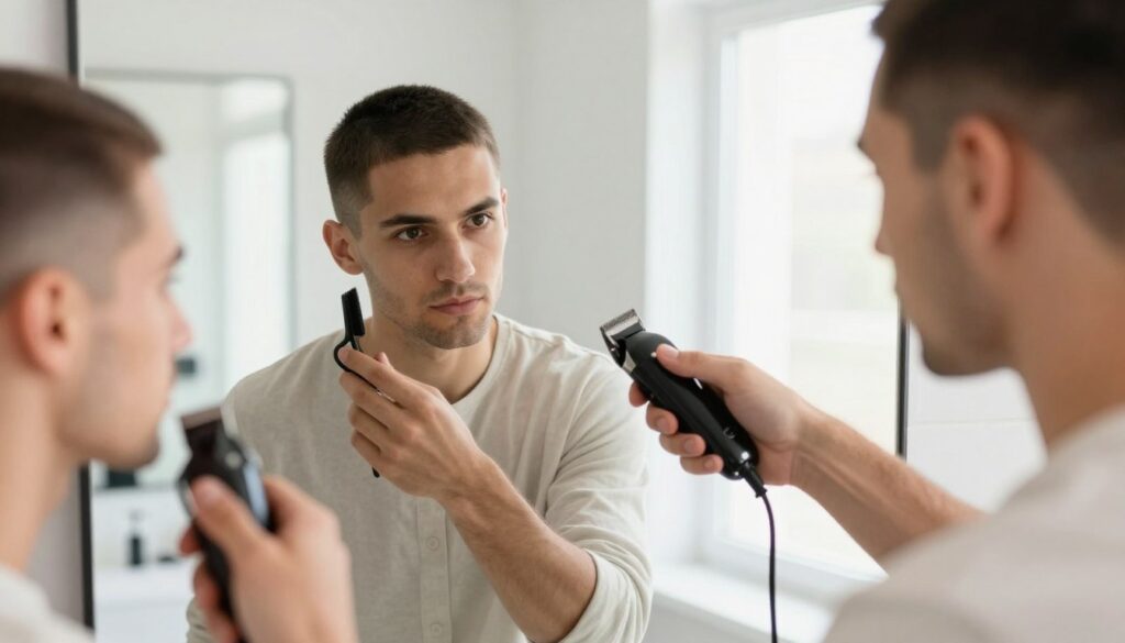 A well-groomed young man, demonstrating a buzz cut hairstyle, focuses intently in a bright, well-lit bathroom setting. He stands in front of a large mirror with a neutral, modern design, showcasing the step-by-step process of achieving the perfect buzz cut. The foreground features close-up details of clippers and scissors, while the middle ground captures the man's hairstyle transformation, highlighting the precision and cleanliness of the cut. In the background, soft natural light streams in through a window, creating a fresh and inviting atmosphere. The scene conveys a sense of confidence and professionalism, emphasizing the practicality and versatility of the buzz cut. The man is dressed in a simple, well-fitted casual shirt.