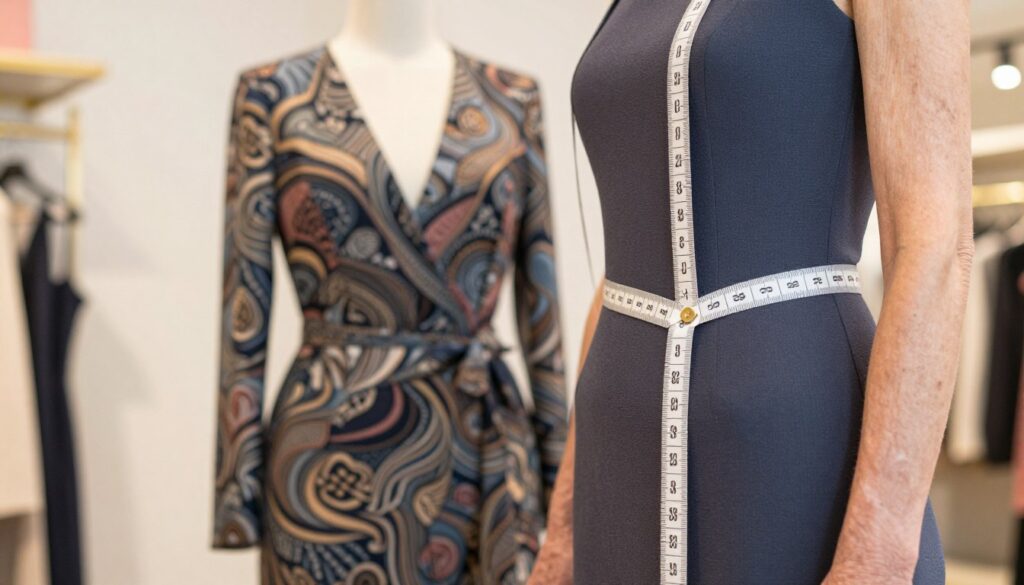 A well-lit, close-up image illustrating the correct way to measure dress length. In the foreground, a measuring tape extends from a mannequin's shoulder to the hem of a knee-length dress, highlighting the precise measurement process. The mannequin is dressed in chic, appropriate attire for a 50-year-old, showcasing a flattering silhouette. In the middle, a tailored dress can be seen on the mannequin, featuring elegant patterns and colors suited for formal occasions, while the backdrop subtly hints at a boutique setting with soft lighting to create a warm atmosphere. The scene conveys a sense of sophistication and style, ideal for guiding readers in selecting the perfect dress length. A well-lit, close-up image illustrating the correct way to measure dress length. In the foreground, a measuring tape extends from a mannequin's shoulder to the hem of a knee-length dress, highlighting the precise measurement process. The mannequin is dressed in chic, appropriate attire for a 50-year-old, showcasing a flattering silhouette. In the middle, a tailored dress can be seen on the mannequin, featuring elegant patterns and colors suited for formal occasions, while the backdrop subtly hints at a boutique setting with soft lighting to create a warm atmosphere. The scene conveys a sense of sophistication and style, ideal for guiding readers in selecting the perfect dress length.