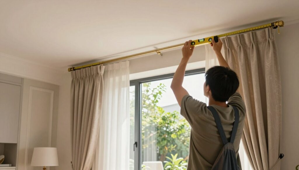 A well-lit interior scene showcasing the installation of a ceiling curtain rod. In the foreground, a skilled professional in modest casual clothing is carefully measuring and aligning the rod to the ceiling, using a level tool. The middle layer features a stylishly decorated living room with elegant curtains draped gracefully around a large window, accentuating the room’s modern aesthetic. The background includes a splash of greenery visible through the window, enhancing the inviting atmosphere. Soft, natural light filters in, creating a warm and welcoming vibe. The camera angle captures the action from a slightly low perspective to emphasize the installation process, while the decor complements the theme of home improvement. A well-lit interior scene showcasing the installation of a ceiling curtain rod. In the foreground, a skilled professional in modest casual clothing is carefully measuring and aligning the rod to the ceiling, using a level tool. The middle layer features a stylishly decorated living room with elegant curtains draped gracefully around a large window, accentuating the room’s modern aesthetic. The background includes a splash of greenery visible through the window, enhancing the inviting atmosphere. Soft, natural light filters in, creating a warm and welcoming vibe. The camera angle captures the action from a slightly low perspective to emphasize the installation process, while the decor complements the theme of home improvement.