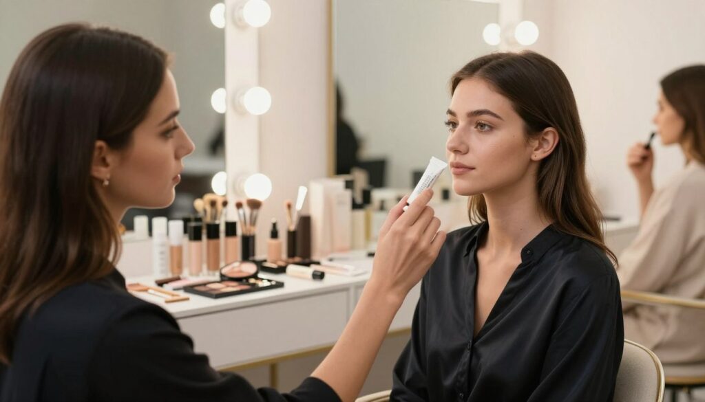 A well-lit, professional makeup studio setting focusing on a makeup artist applying primer to a client’s face. In the foreground, the makeup artist is a woman wearing smart casual attire, holding a high-quality primer tube, demonstrating the product's texture on her fingers. The client, a woman with natural makeup, sits comfortably in a modern chair, looking relaxed and engaged. In the middle ground, a beautifully organized vanity displays various makeup products and tools, hinting at different skin types. The background features soft lighting that creates a warm, inviting atmosphere, accentuated by mirrors reflecting the scene. Capture the mood of a professional consultation, emphasizing the importance of choosing the right primer for different skin types. A well-lit, professional makeup studio setting focusing on a makeup artist applying primer to a client’s face. In the foreground, the makeup artist is a woman wearing smart casual attire, holding a high-quality primer tube, demonstrating the product's texture on her fingers. The client, a woman with natural makeup, sits comfortably in a modern chair, looking relaxed and engaged. In the middle ground, a beautifully organized vanity displays various makeup products and tools, hinting at different skin types. The background features soft lighting that creates a warm, inviting atmosphere, accentuated by mirrors reflecting the scene. Capture the mood of a professional consultation, emphasizing the importance of choosing the right primer for different skin types.