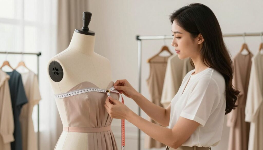 A well-lit, professional setting featuring a fully dressed female figure standing beside a dress form. The woman is demonstrating how to measure her bust accurately, holding a measuring tape around her upper body while focusing on her form in a side view. The dress form is dressed in a stylish, elegant dress that showcases proper sizing techniques. Soft, diffused natural light fills the scene, creating a warm and inviting atmosphere. The background shows a neatly organized clothing rack and a measuring tape hanging nearby, emphasizing the theme of fashion fitting and measurement. The overall mood conveys professionalism and clarity, ideal for a fashion guidance context. A well-lit, professional setting featuring a fully dressed female figure standing beside a dress form. The woman is demonstrating how to measure her bust accurately, holding a measuring tape around her upper body while focusing on her form in a side view. The dress form is dressed in a stylish, elegant dress that showcases proper sizing techniques. Soft, diffused natural light fills the scene, creating a warm and inviting atmosphere. The background shows a neatly organized clothing rack and a measuring tape hanging nearby, emphasizing the theme of fashion fitting and measurement. The overall mood conveys professionalism and clarity, ideal for a fashion guidance context.