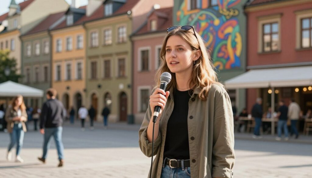 A young Polish woman, embodying the essence of Michalina Włodarczyk, stands confidently in a vibrant Poznań street. She's dressed in stylish yet modest casual attire, radiating creativity. In the foreground, she holds a microphone with her right hand, her expression showing passion and determination. The middle background features colorful historical buildings typical of Poznań, with artistic murals blending in, symbolizing the city’s rich culture. The atmosphere is warm and inviting, capturing the morning light that casts gentle shadows. Use a shallow depth of field to focus on her while softly blurring the bustling activities around her. The lens should be at eye level, evoking an intimate connection with the viewer. Emphasize a hopeful, inspiring mood that reflects her early years and roots in the city. A young Polish woman, embodying the essence of Michalina Włodarczyk, stands confidently in a vibrant Poznań street. She's dressed in stylish yet modest casual attire, radiating creativity. In the foreground, she holds a microphone with her right hand, her expression showing passion and determination. The middle background features colorful historical buildings typical of Poznań, with artistic murals blending in, symbolizing the city’s rich culture. The atmosphere is warm and inviting, capturing the morning light that casts gentle shadows. Use a shallow depth of field to focus on her while softly blurring the bustling activities around her. The lens should be at eye level, evoking an intimate connection with the viewer. Emphasize a hopeful, inspiring mood that reflects her early years and roots in the city.