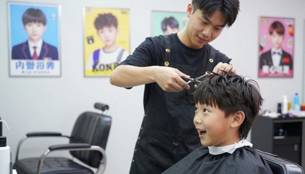 A young boy sitting in a modern barbershop, excitedly looking at a mirror as a professional barber, dressed in a neat black apron and casual shirt, styles his hair with bangs. The foreground features the boy's focused expression and slightly tousled hair, while the middle showcases the barber carefully using scissors and a comb to achieve a trendy school haircut. Behind them, colorful posters of popular boy hairstyles adorn the walls, with bright lighting creating a welcoming and vibrant atmosphere. The image captures a warm, friendly mood, emphasizing the joy of getting a fresh haircut. The composition is well-balanced, shot at eye level to engage the viewer, enhancing the anticipation of the boy's new look.