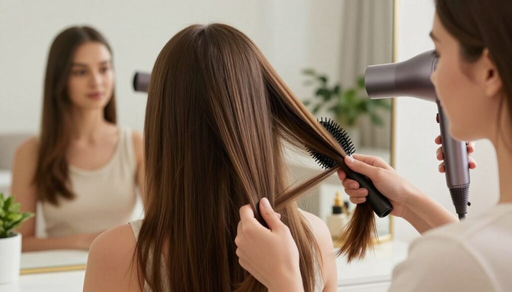 A young woman sitting at a well-lit vanity, styling her hair in a middle part. She has long, straight hair with a shine, using a round brush and a hairdryer to create volume. The foreground features the woman’s hands skillfully arranging her hair, while the middle shows her focused expression in a stylish mirror reflection. The background includes elegant décor, such as soft lighting, a potted plant, and a minimalistic design to emphasize a calm atmosphere. The scene is captured with a warm light that highlights her features, in a close-up angle that conveys a sense of personal grooming and elegance. The mood is empowering and professional, showcasing the process of achieving a chic, middle-part hairstyle. A young woman sitting at a well-lit vanity, styling her hair in a middle part. She has long, straight hair with a shine, using a round brush and a hairdryer to create volume. The foreground features the woman’s hands skillfully arranging her hair, while the middle shows her focused expression in a stylish mirror reflection. The background includes elegant décor, such as soft lighting, a potted plant, and a minimalistic design to emphasize a calm atmosphere. The scene is captured with a warm light that highlights her features, in a close-up angle that conveys a sense of personal grooming and elegance. The mood is empowering and professional, showcasing the process of achieving a chic, middle-part hairstyle.