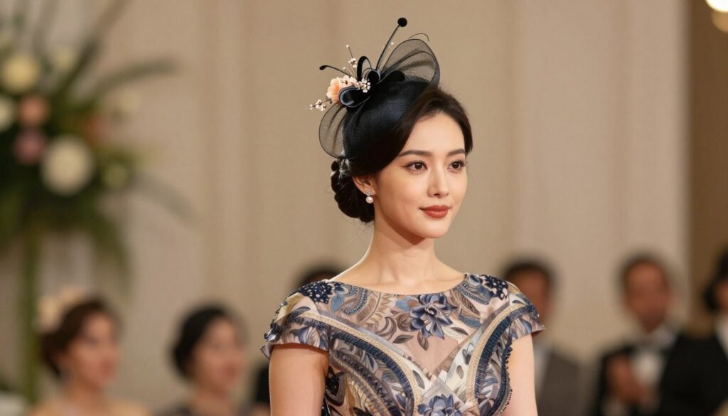 An elegant woman wearing a stylish dress, perfectly aligned with a sophisticated fascinator that complements her hairstyle, stands poised in a tasteful setting. The foreground features her confidently styled hair adorned with delicate floral elements from the fascinator, enhancing her overall appearance. In the middle ground, the flowing fabric of her dress showcases intricate patterns and a flattering cut, resonating with the theme of a formal event. The background reveals a softly blurred elegant venue, with hints of decorative details that suggest a celebratory atmosphere. The lighting is warm and inviting, casting a gentle glow on her features while enhancing the textures of her outfit. This image captures the essence of matching a fascinator to one's hair and the character of the occasion, radiating sophistication and charm.