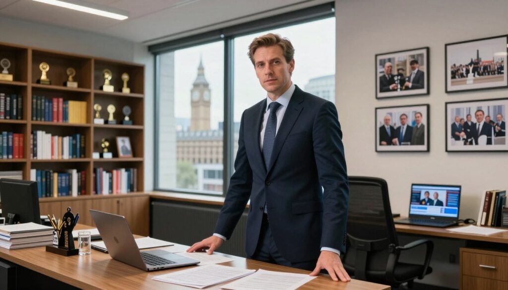 An elegantly designed office space showcasing a professional media setting, with shelves filled with books and awards reflecting a successful media career. In the foreground, a well-dressed man in a tailored suit, exuding confidence and charisma, stands beside a large desk cluttered with documents, a laptop open and displaying a news broadcast. In the middle ground, a large window reveals a bustling cityscape, symbolizing connection to the parliamentary world. The background features subtle images of a parliament building, hints of political history, and framed photographs of significant media moments. Soft, natural light filters through the window, creating an inspiring and motivating atmosphere, while focusing on the man’s determined expression as he contemplates his journey in media and politics. The camera angle is slightly lower, emphasizing his stature and ambition. An elegantly designed office space showcasing a professional media setting, with shelves filled with books and awards reflecting a successful media career. In the foreground, a well-dressed man in a tailored suit, exuding confidence and charisma, stands beside a large desk cluttered with documents, a laptop open and displaying a news broadcast. In the middle ground, a large window reveals a bustling cityscape, symbolizing connection to the parliamentary world. The background features subtle images of a parliament building, hints of political history, and framed photographs of significant media moments. Soft, natural light filters through the window, creating an inspiring and motivating atmosphere, while focusing on the man’s determined expression as he contemplates his journey in media and politics. The camera angle is slightly lower, emphasizing his stature and ambition.