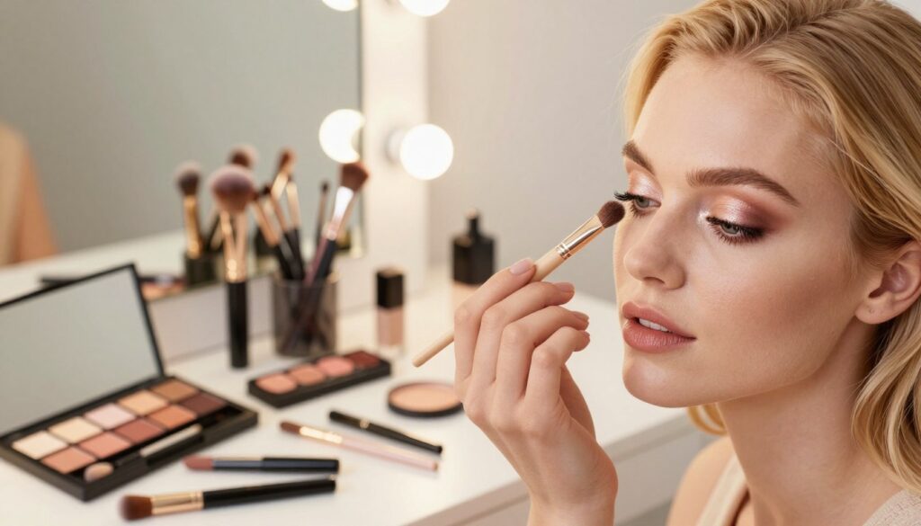 Create an elegant beauty scene highlighting eye makeup techniques for blonde women. In the foreground, feature a close-up of a blonde woman applying a soft eyeshadow with a brush, showcasing highlighted eyelids. Her expression is focused and confident. In the middle ground, display an array of makeup tools, including various eyeshadow palettes, brushes, and eyeliner pens, arranged artfully. The background should be a softly blurred vanity mirror with warm, flattering lighting, enhancing the overall atmosphere. The setting evokes a chic and professional vibe, perfect for a makeup tutorial. Soft bokeh effects in the background create a dreamy feel, emphasizing the elegance of the makeup techniques. The image should convey a sense of sophistication and style in eye makeup for blondes. Create an elegant beauty scene highlighting eye makeup techniques for blonde women. In the foreground, feature a close-up of a blonde woman applying a soft eyeshadow with a brush, showcasing highlighted eyelids. Her expression is focused and confident. In the middle ground, display an array of makeup tools, including various eyeshadow palettes, brushes, and eyeliner pens, arranged artfully. The background should be a softly blurred vanity mirror with warm, flattering lighting, enhancing the overall atmosphere. The setting evokes a chic and professional vibe, perfect for a makeup tutorial. Soft bokeh effects in the background create a dreamy feel, emphasizing the elegance of the makeup techniques. The image should convey a sense of sophistication and style in eye makeup for blondes.