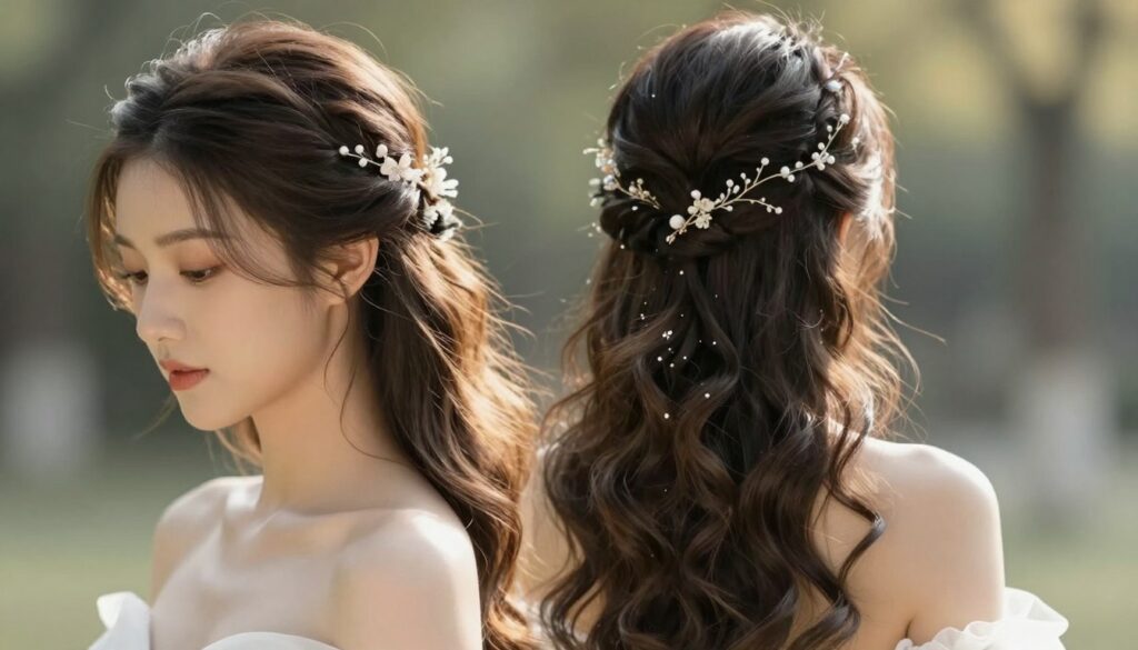 Create an elegant bridal hairstyle with loose, cascading hair styled into soft waves. In the foreground, feature a close-up of a woman with long, flowing hair adorned with delicate hair accessories, such as subtle floral clips or sparkling pins, positioned to frame her face beautifully. In the middle ground, capture the hair falling gracefully over her shoulders, reflecting a sense of movement and texture. The background should be softly blurred, hinting at a romantic outdoor setting with gentle sunlight filtering through trees. Use warm, diffused lighting to enhance the glow of her hair and create a serene, dreamy atmosphere. Aim for a soft focus and a slightly elevated angle to highlight the elegance of the hairstyle.