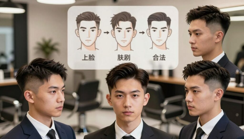 Create an image showcasing a stylish men's undercut hairstyle that complements various face shapes. The foreground features a well-groomed male model in professional business attire, showcasing three different undercut styles on the left, right, and center of the image. In the middle ground, a subtle, artful infographic illustrates the correlation between face shapes and suitable hairstyles, enhancing the visual appeal without overpowering the main subject. The background should be a softly blurred modern barbershop setting, emphasizing a clean, sophisticated environment. Use natural lighting to create a warm atmosphere, highlighting the textures of hair. Capture the image from a slightly elevated angle to showcase both the hairstyles and the facial features effectively.