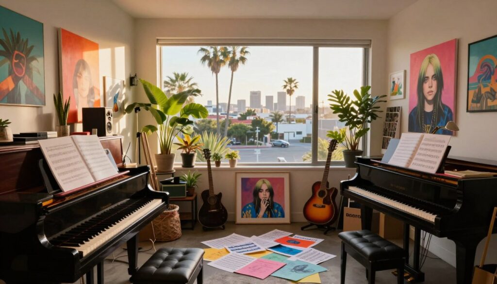 Imagine an artist's studio in a modern Los Angeles home, showcasing an inviting and creative atmosphere. The foreground features a cozy corner with a grand piano and a colorful assortment of music sheets scattered on the floor. In the middle, a large window lets in warm sunlight, illuminating an eclectic décor of vibrant artworks, plants, and various musical instruments reflecting Billie Eilish's unique style. The background captures the essence of Los Angeles with palm trees and the city skyline in soft focus, conveying a sense of urban life. Opt for a soft, golden-hour lighting to enhance the intimate and inspiring mood. Use a slightly blurred background to create depth while focusing on the vibrant details within the studio, emphasizing a place where creativity flourishes. Imagine an artist's studio in a modern Los Angeles home, showcasing an inviting and creative atmosphere. The foreground features a cozy corner with a grand piano and a colorful assortment of music sheets scattered on the floor. In the middle, a large window lets in warm sunlight, illuminating an eclectic décor of vibrant artworks, plants, and various musical instruments reflecting Billie Eilish's unique style. The background captures the essence of Los Angeles with palm trees and the city skyline in soft focus, conveying a sense of urban life. Opt for a soft, golden-hour lighting to enhance the intimate and inspiring mood. Use a slightly blurred background to create depth while focusing on the vibrant details within the studio, emphasizing a place where creativity flourishes.