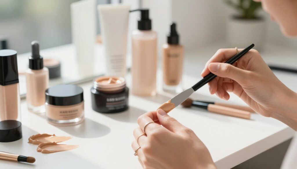 In a bright and airy makeup studio, a close-up scene features a skilled makeup artist blending a luminous base with a rich cream using a spatula. The foreground showcases the creamy texture being combined, with small swatches of colorful foundations beside the artist's hand, which is elegantly adorned with subtle rings. The middle ground reveals jars and tubes of various skincare products, including moisturizers and primers, arranged artfully. Soft, diffused daylight streams through a nearby window, casting gentle shadows and highlighting the smooth surfaces. The atmosphere is inviting and professional, perfect for a beauty tutorial, evoking a sense of creativity and care in makeup application.